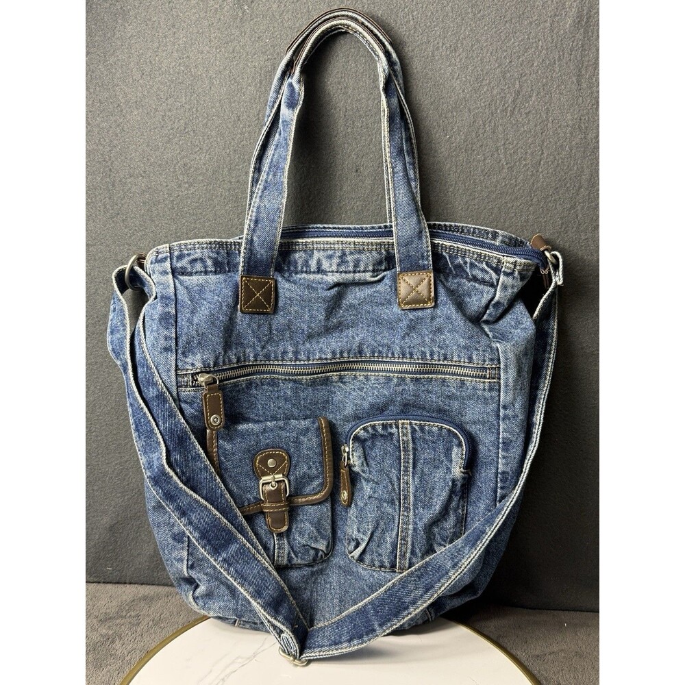 Vintage Blue Denim Multi Pocket Tote Bag Medium Wash Zip Shoulder Bag